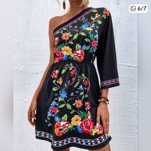 New Chic Floral Print One Shoulder Mini Dress Black Multi